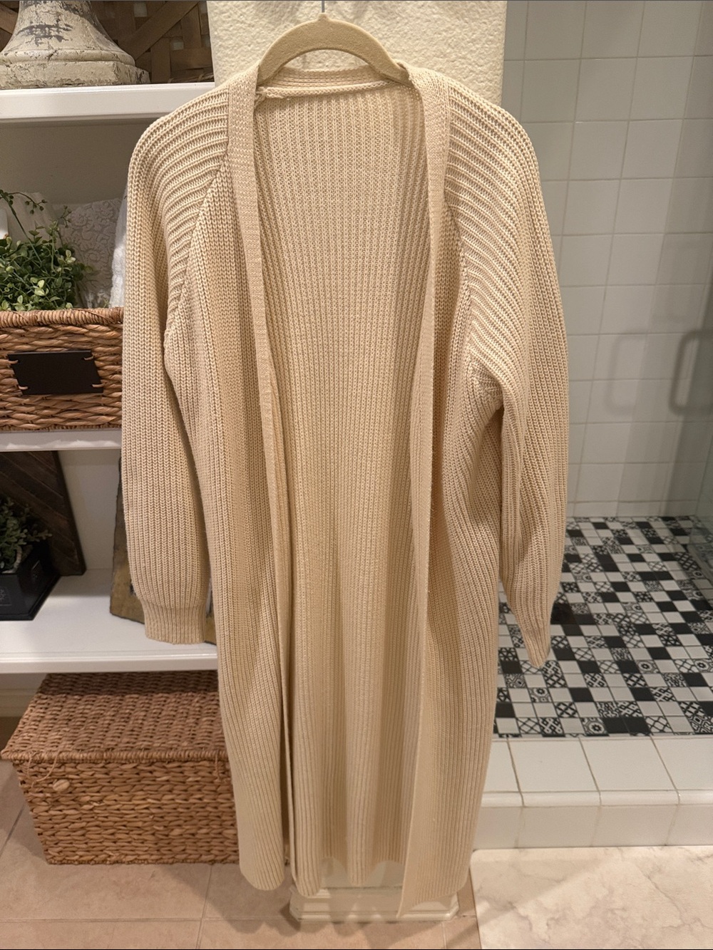 Cream Open-Front Longline Ribbed Knit Sweater